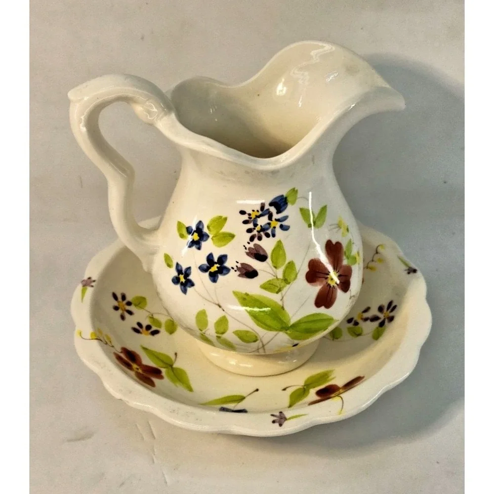 UNBRANDED Pitcher Basin‎ Set Adult Small White Excellent Ceramic Floral Decor